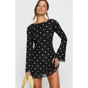 Princess Polly Lukea Polka Dot Long Sleeve Mesh Minidress Black 10 NWT